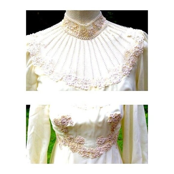 Vtg 80s Ivory Wedding Dress Veil Hi Neck Bead Sheer Cuffed Train Victorian Goth - Picture 4 of 16